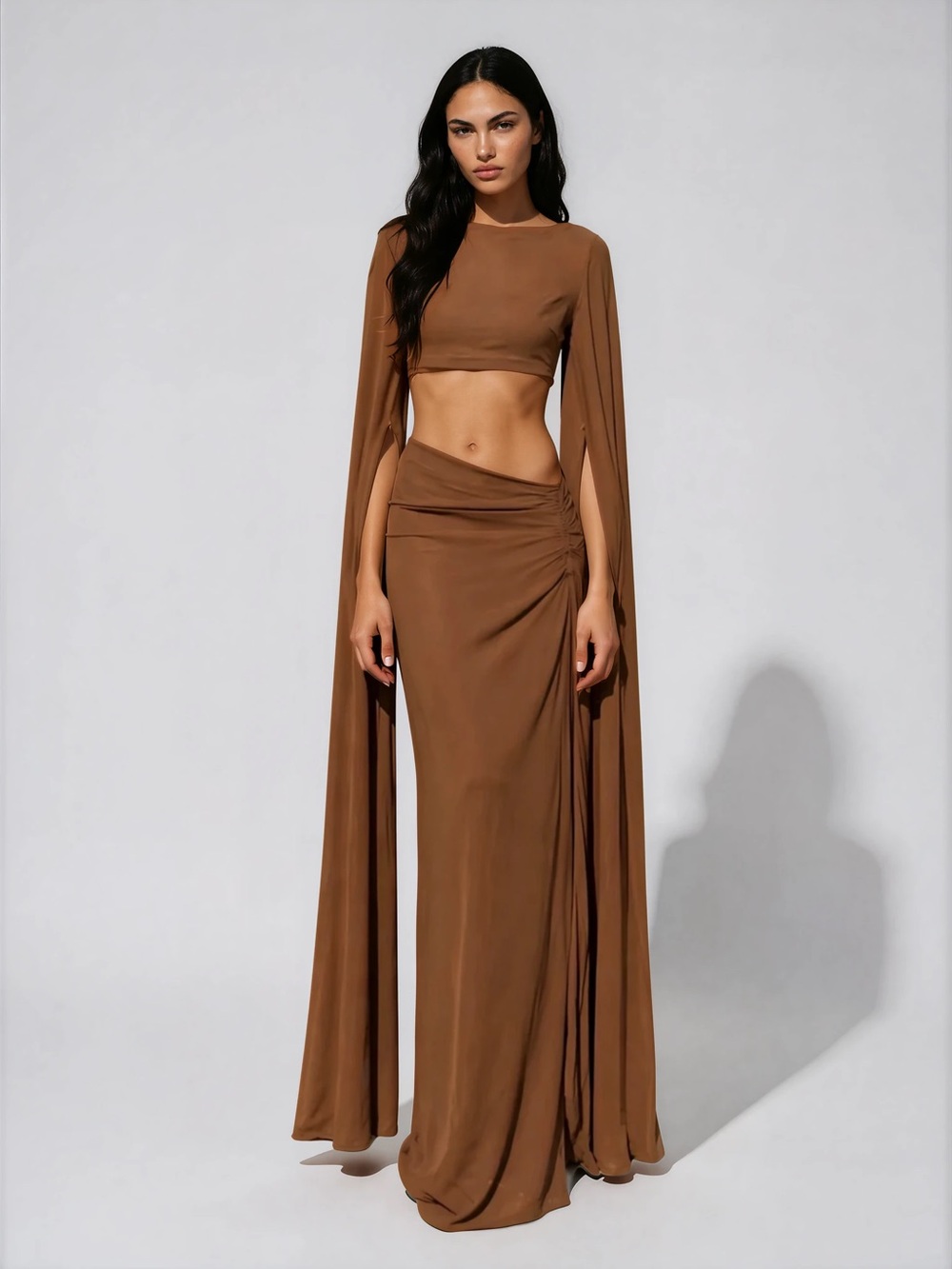 Brown High-Waist Maxi Skirt with crop top Side Drape like cult Gaia